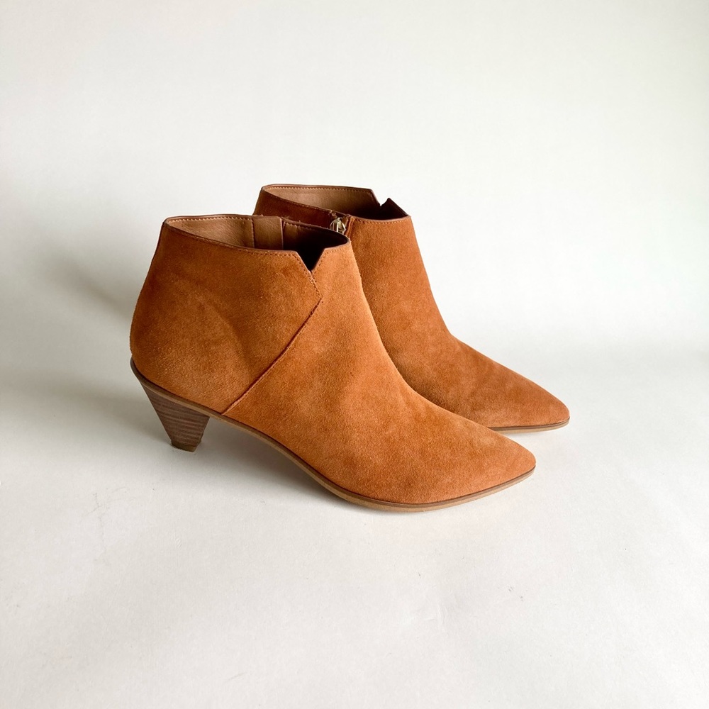 Franco Sarto Tan Suede Genuine Leather Point Toe Heeled Ankle Boots size 8.5